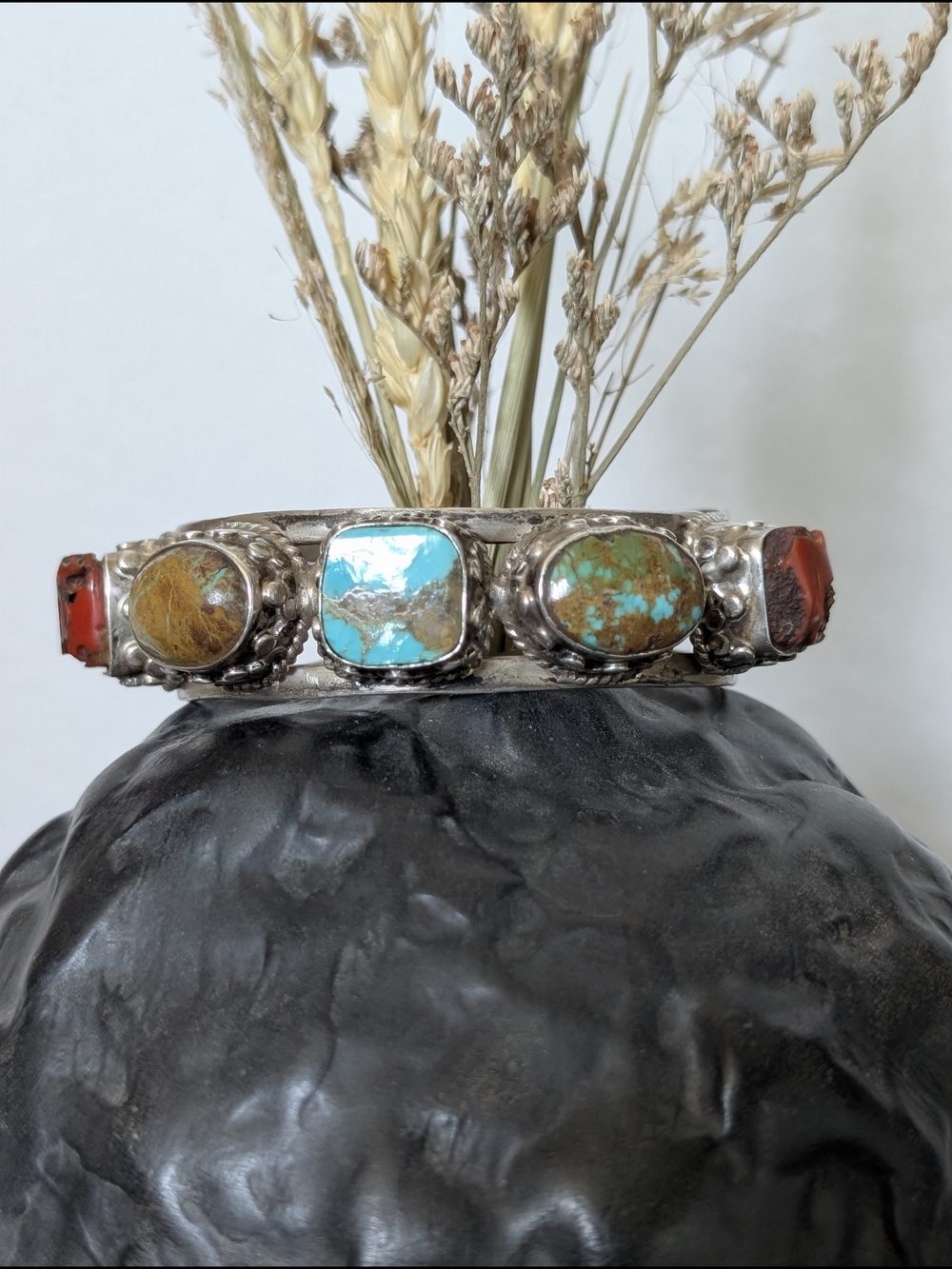 Vintage Sterling Silver Multi-Stone Cuff Bracelet - Turquoise & Red Spiny Oyster